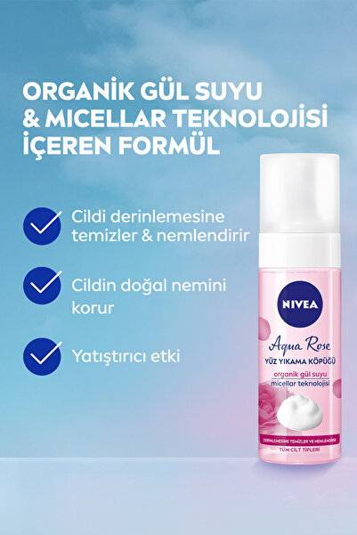 NIVEA Aqua Rose Organik Gül Suyu İçeren Yüz Yıkama Köpüğü 150ml, Nemlendirici, Yüz Temizleyici, Micellar