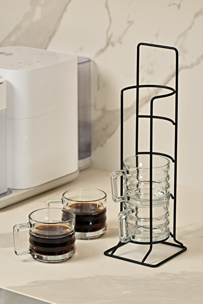 Edora Home طقم كوب زجاجي وحامل من 4 قطع باللون الأسود غير اللامع / القهوة / ا...