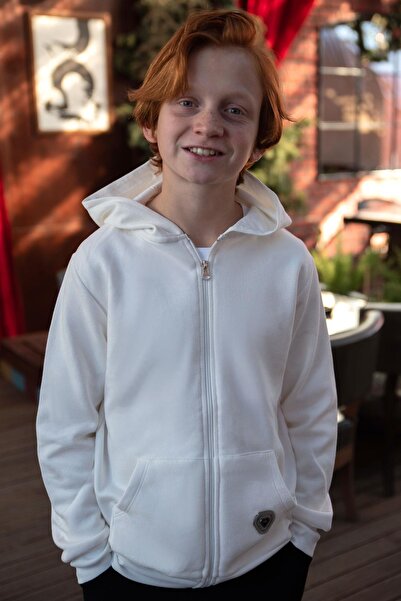 Breeze Boy's Cardigan with Zipper and Letter Emblem, Ages 8-12, Ecru