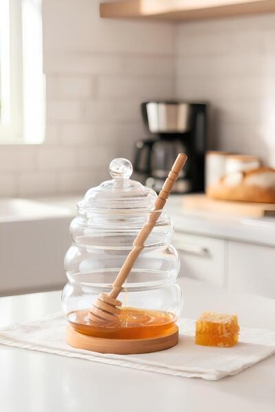 Tutku Home Bambu Kaşık Cam Bal Kavanozu 480 ml