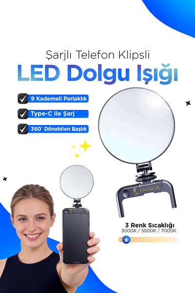 EN SİGA Şarjlı 360 Dönebilen LED Dolgu Işığı 3 Renk Ayarlı Telefon Klipsli Ty...
