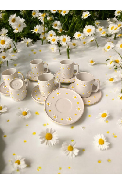 arsimhome Kabartma Papatya Desenli Özel Tasarım El Dekorlu Fincan Takımı Hedi...
