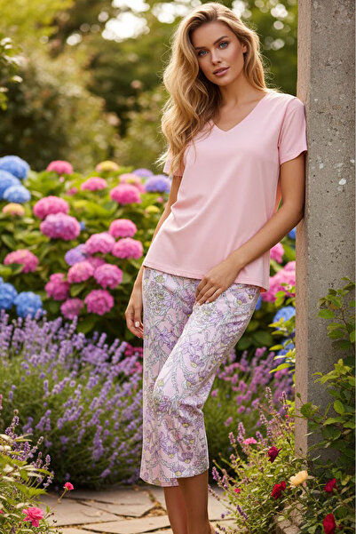 Siyah İnci طقم كابري محبوك بأكمام قصيرة وطبعة زهور وردية 7902