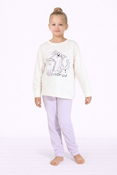 RAPAPA طقم بيجامة بأكمام طويلة للفتيات - نمط قطة لطيف 8411E