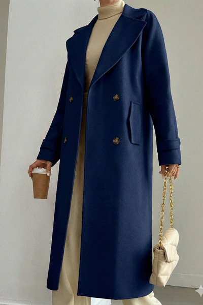 diaves Lacivert Astarlı Manşet ve Cep Detay Uzun Kaşe Kaban