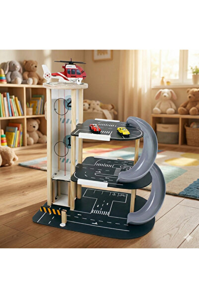 Toysilla مرآب لعب للأطفال خشبي مكون من 3 طوابق مع مصعد ومنزلق - T3013