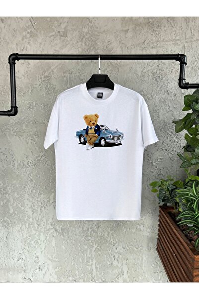 LELVANİ Car Bear Printed White Men's Tshirt