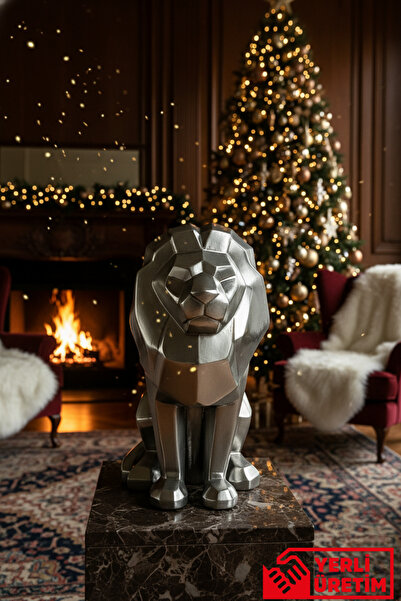 GUGGA Aslan Figürlü Geometrik Dekoratif Biblo - Krom 26 cm