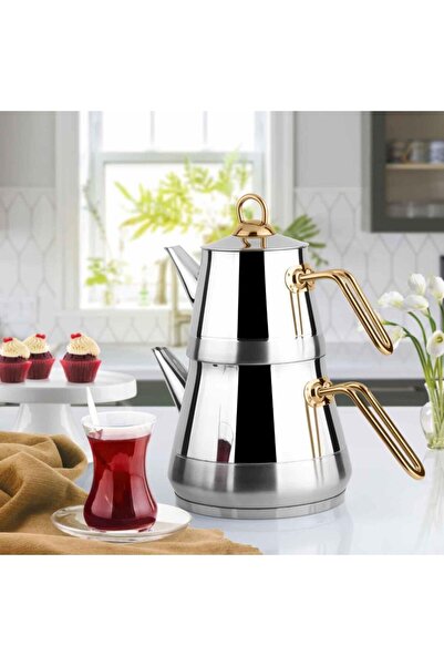 Lines Pyramid Steel Teapot Set Medium Size Gold Handle