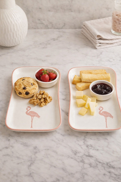 Anadolu Saray Handmade Ceramic Set of 2 Flamingo Patterned Square (Toast Shap...