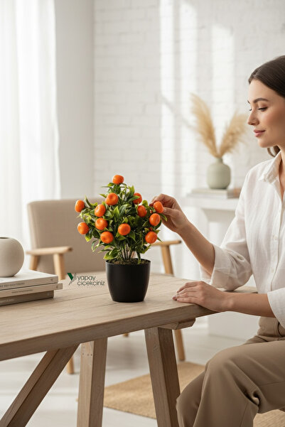 YAPAY ÇİÇEKÇİNİZ Siyah Saksıda Yapay Mandalina Ağacı