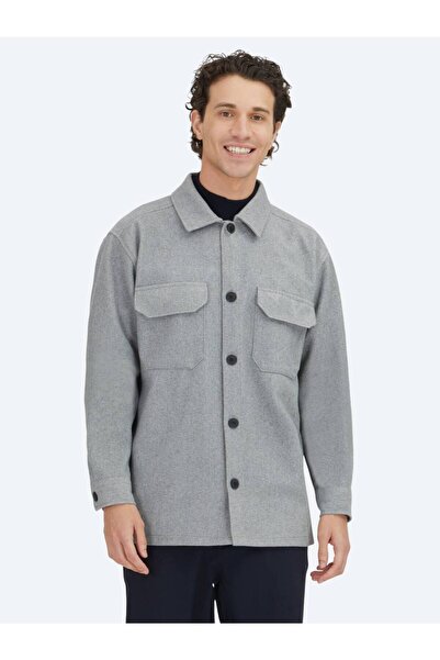 Kip Gray Plain Regular Fit Woven Overshirt