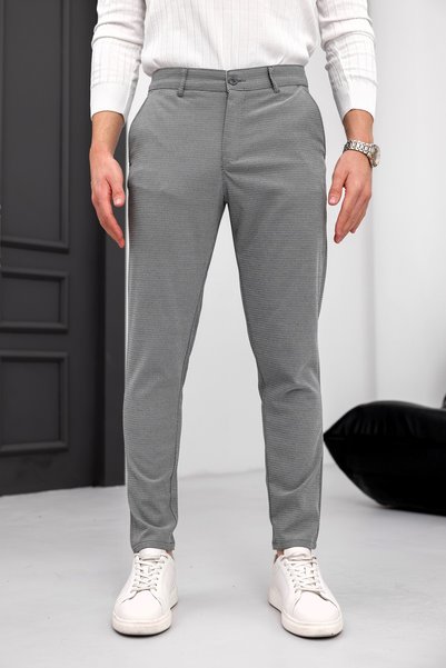 MODAMESTO Men's Dark Gray Slim Fit Lycra Side Pocket Dobby Casual Trousers