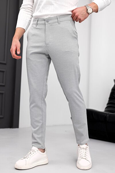 MODAMESTO Pantaloni pentru bărbați slim fit gri deschis material elastic din in