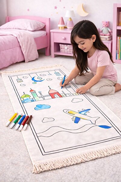 ihvan online Washable Painted Prayer Rug Set for Children Red