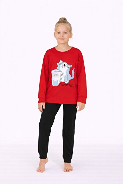 RAPAPA طقم بيجامة بأكمام طويلة للفتيات - نمط قطة لطيف 8411 أحمر