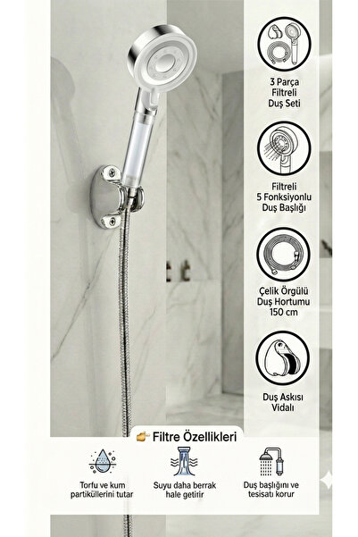 Plodna House Filtreli Beyaz Çelik 5 Fonksiyonlu Duş Başlığı Seti – 150 cm Çel...