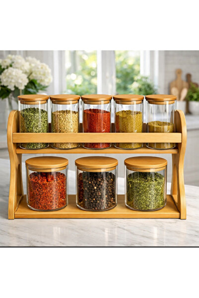 Kitchen Pembelia Bambu Standlı 9’lu Cam Baharat Saklama Kavanoz Seti Baharatl...
