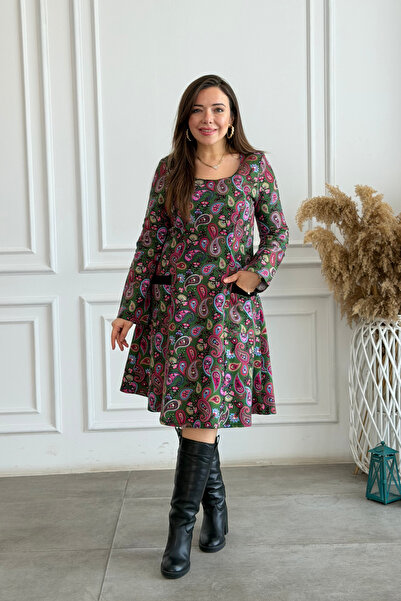 Yağmur Butik Rochie clopot din flanel cu decolteu oval și buzunare laterale