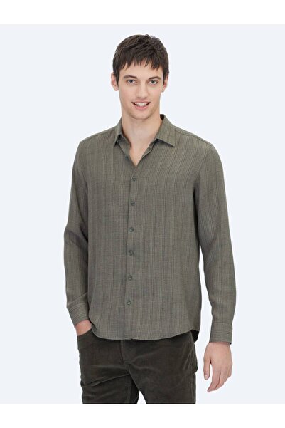 Kip Khaki Striped Regular Fit Woven Casual Shirt