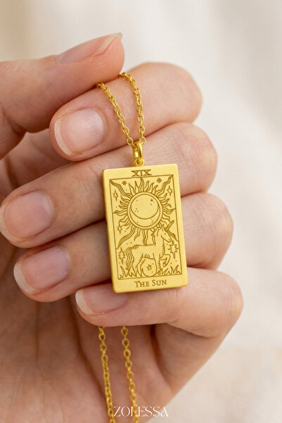 Kadın 925 Gümüş Tarot Kolye Güneş - The Sun Tarot Tasarımlı Altın Kaplama Şık Aksesuar Hediyesi