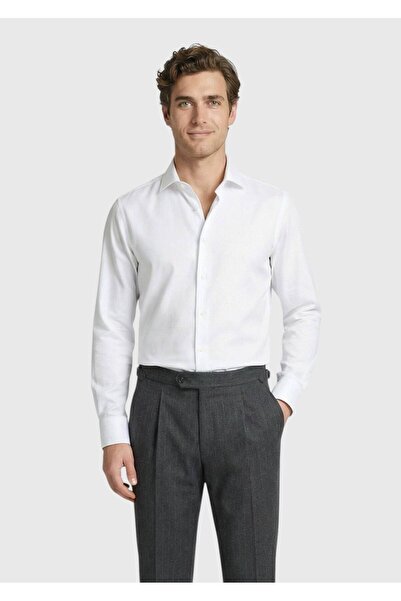 Ramsey Beyaz Regular Fit Dokuma Klasik %100 Pamuk Gömlek