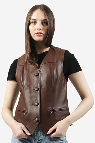 Dericlub Vittoria Kadın Düğmeli Slim Fit Hakiki Deri Yelek Fındık