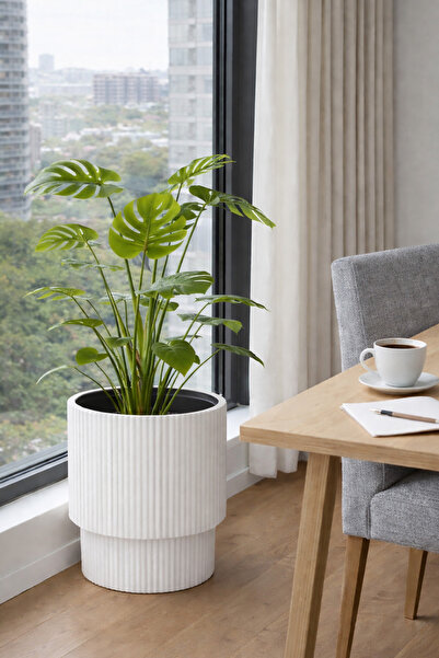 Alezy Vega Model İç Drenaj Hazneli Dekoratif Modern Saksı 30 lt Beyaz