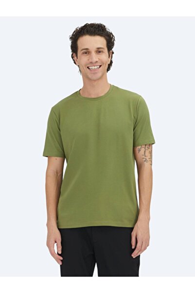 Kip Green Plain Crew Neck Cotton Blend T-Shirt