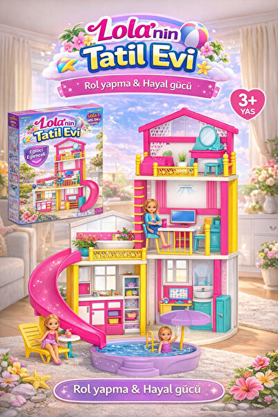 DEDE Lola’nın Tatil Evi – Renkli Mobilyalı Çocuk Oyuncak Evi, 3+ Yaş, Yerli Ü...