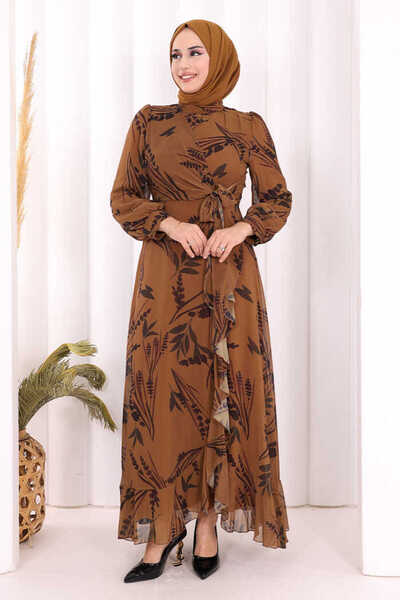 Bym Fashion Yaprak Desen Fırfır Detay Şifon Elbise 3842 Taba