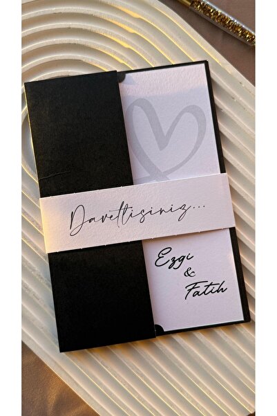 emindijital Siyah Zarflı Kuşaklı Nişan, Nikah, Kına, Düğün Davetiyesi 50 Adet