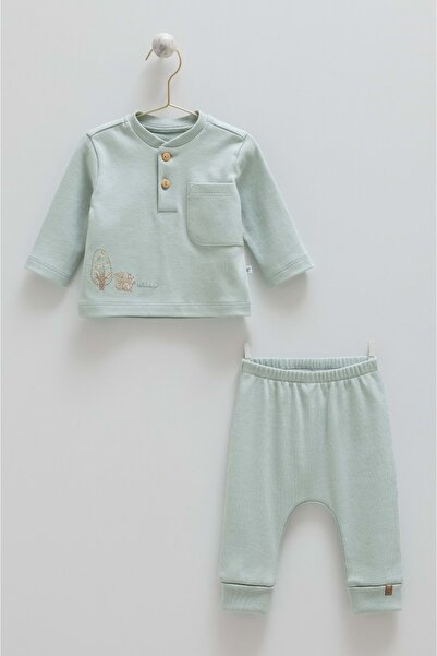 Caramell Hello Forest Collar Buttoned Top and Bottom Set Green