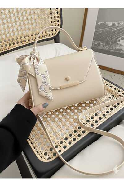 METEBAGS Krem Suni Deri Fular Detaylı Omuz& El Çantası