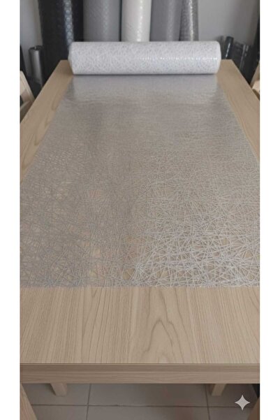 ÜN.K 140 X 100 CM Silinebilir Lüks Masa Örtüsü Şeffaf Hasır Desen GRİ Pvc Mas...