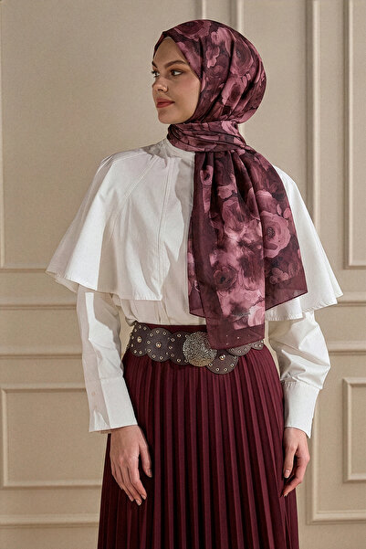 SilkTouch Bordo Suluboya Gül Desenli Kraş Şal