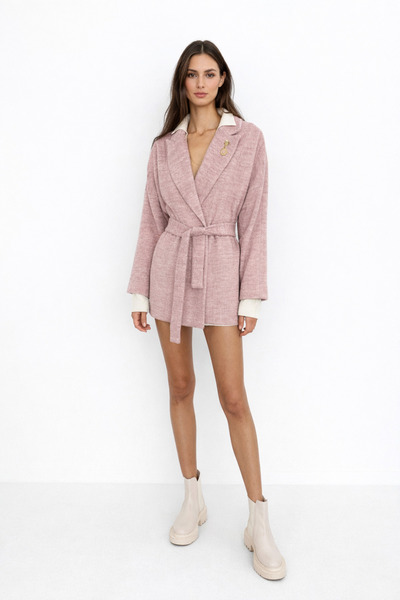 Beltane Oversize Pudra Rengi Kuşaklı Kaşe Kaban