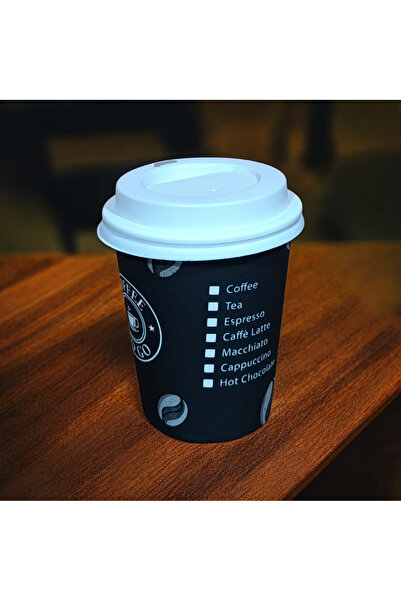 AKKA PLAST 8Oz 100 Adet Beyaz Emzik Kapaklı Siyah Karton Çay,Kahve,Sıcak Çiko...
