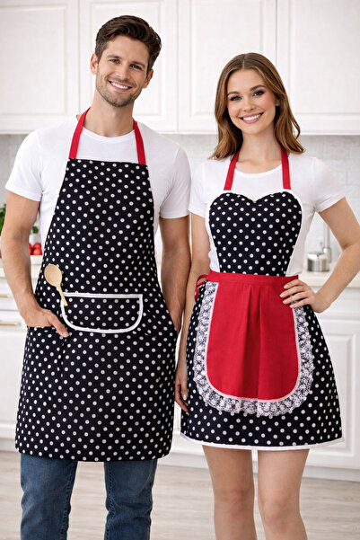 MoT Dekor Wife and Husband Paired Kitchen Apron Black Polka Dot Love Combination