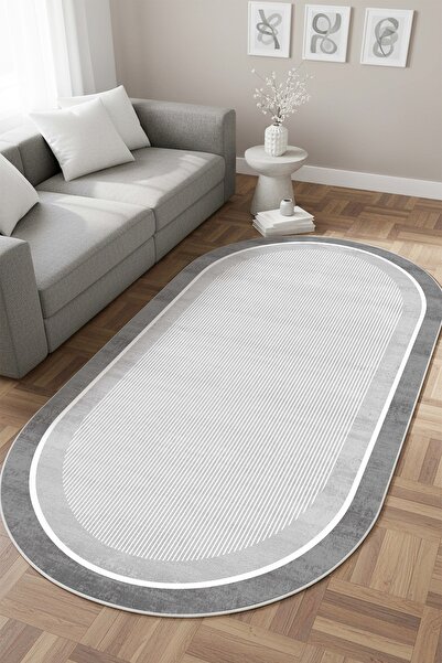 West Home Makinede Yıkanabilir Kaymaz Taban Leke Tutmaz Gri Oval Mutfak Halıs...