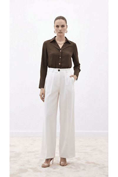 Swass Ecru talie înaltă Pantaloni țesuți cu picioare largi, plisați croi larg...