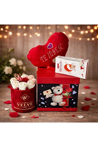 velve Pachet Special Valentine,perna,praline Raffaello 80gr,aranjament floral...