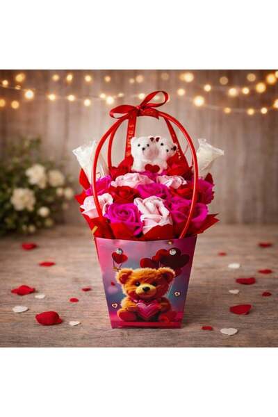 velve Cosulet Special Valentine, cu ursuleti decorativi, trandafiri din sapun...