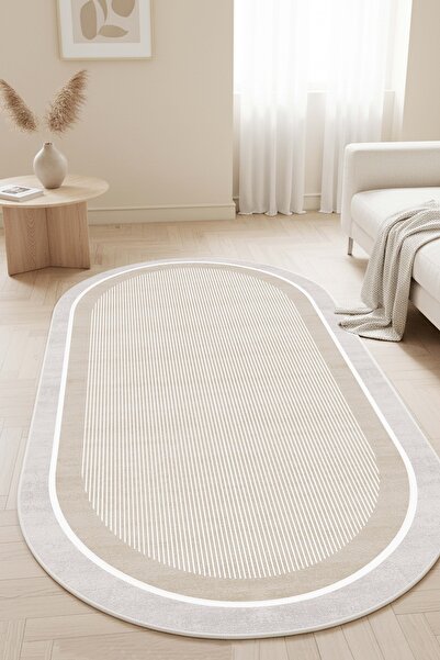 West Home Makinede Yıkanabilir Kaymaz Taban Leke Tutmaz Bej Oval Mutfak Halısı Salon Halısı ve Yolluk