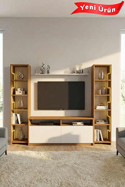 Platinreyon LABİRENT LEDLİ DUVAR TV ÜNİTESİ BEYAZ KAPAK CEVİZ