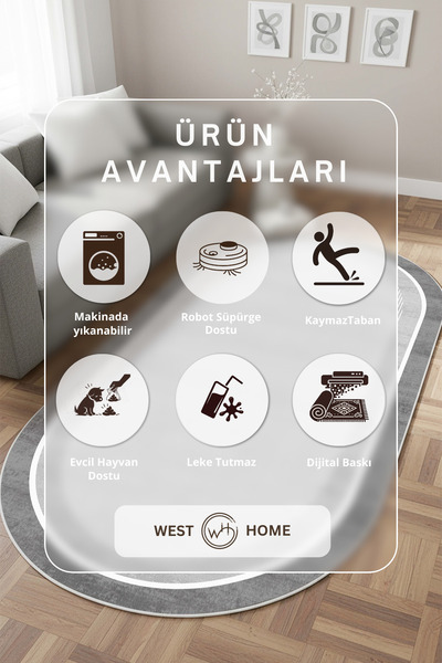 West Home Makinede Yıkanabilir Kaymaz Taban Leke Tutmaz Gri Oval Mutfak Halısı Salon Halısı ve Yolluk