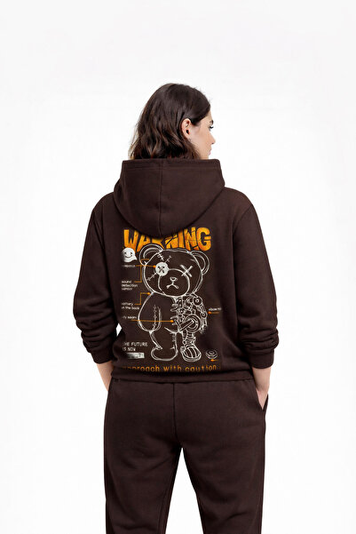 Warning Nakışlı Unisex Oversize Acı Kahve Kapüşonlu Sweatshirt