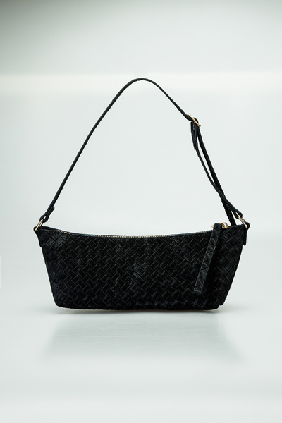 KISCHE Knitted Patterned Black Mini Shoulder Bag with Adjustable Strap, Zippe...
