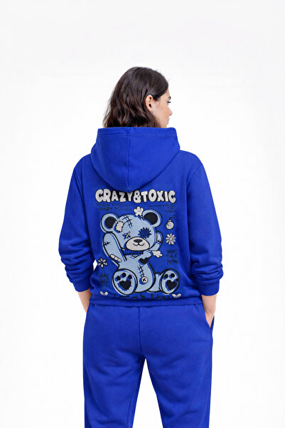 Crazy Toxic Nakışlı Unisex Oversize Saks Mavi Kapüşonlu Sweatshirt