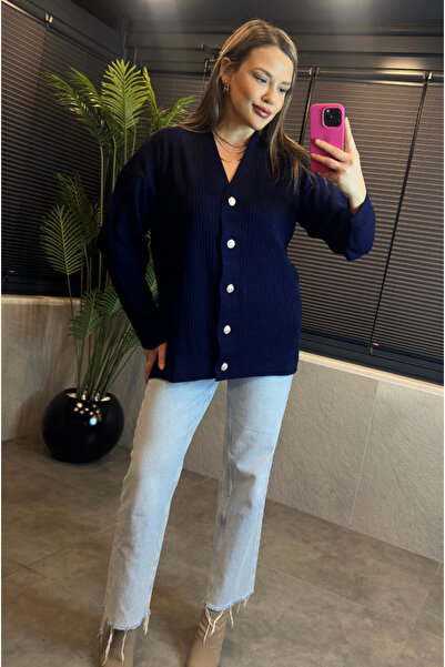 MİR STORE Navy Blue Corded Oversize Basic Knitted Cardigan